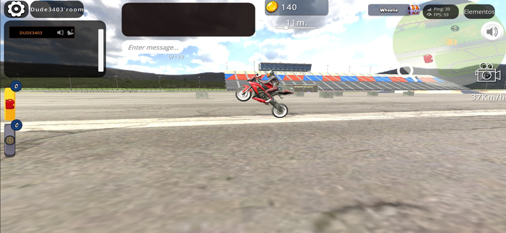 Wheelie King 8 - Online racing - Una motocicleta roja realizando una acrobacia de caballito en un juego de simulación de carreras en 3D.