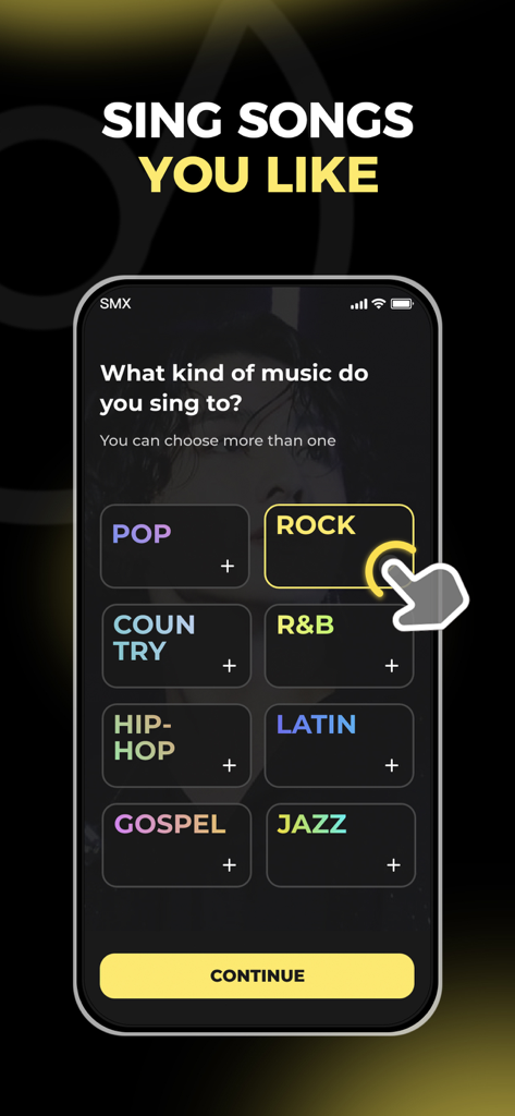 EasySing by StarMaker - A mobile screen from the EasySing app showing a music genre selection menu with categories like Pop and Rock.
