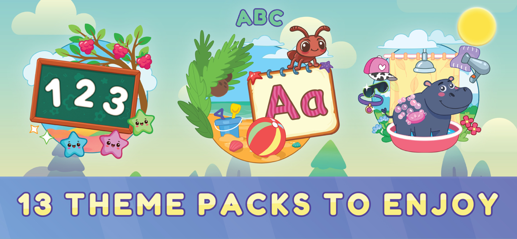 Screenshot of toddler game themes featuring numbers letters and a hippo taking a bath
