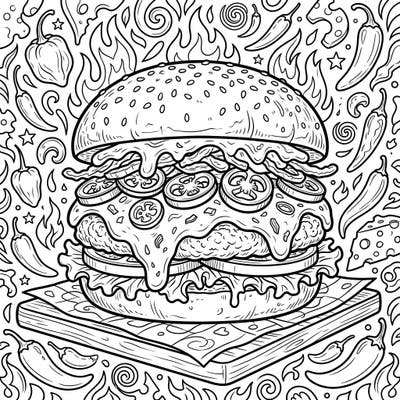 Get ready to bring the heat to life with this deliciously detailed Spicy Jalapeño Burger coloring page. Featuring a mouth-watering burger overflowing with melted cheese and fiery peppers, it's a perfect challenge for creative colorists.