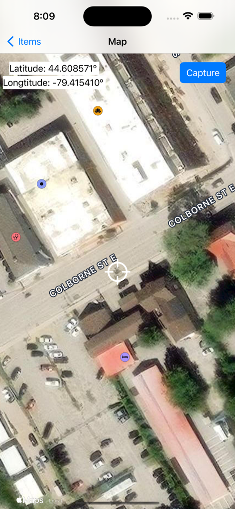 GeoLog - GeoLog app satellite map view showing geographic coordinates and custom pins