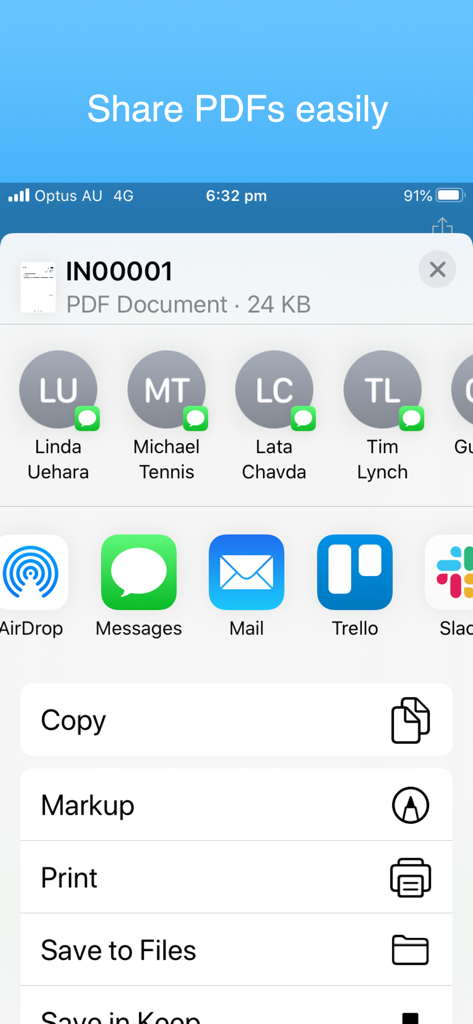 iOS share menu showing options to send a PDF invoice via Messages, Mail, or Slack.