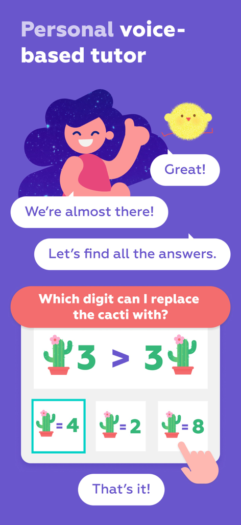 Um quebra-cabeça lógico de matemática para crianças com uma interface de tutor personalizada por voz.