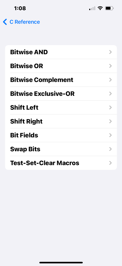 C Reference - C Reference app screen showing a list of bit manipulation topics including Bitwise AND and OR.
