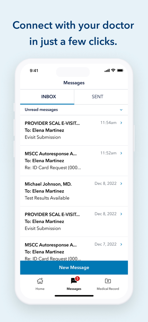 Kaiser Permanente - Interface of the Kaiser Permanente app showing the secure messaging inbox for doctor communication
