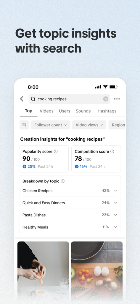 TikTok Studio App-Oberfläche, die Erstellungseinblicke für Kochrezepte zeigt, einschließlich Beliebtheits- und Wettbewerbswerten