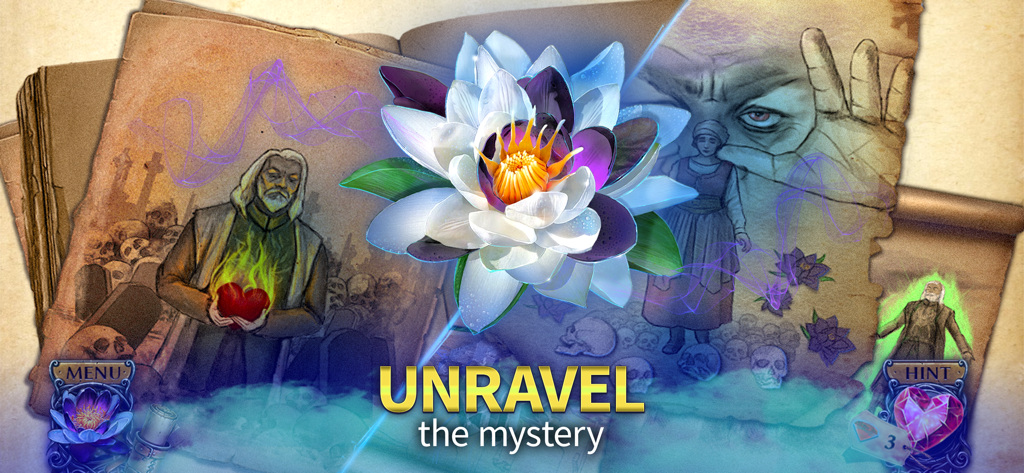 Black Lotus (F2P Adventure) - 「謎を解き明かす」というテキストが表示された古代の本の上に光る白と青の蓮の花。