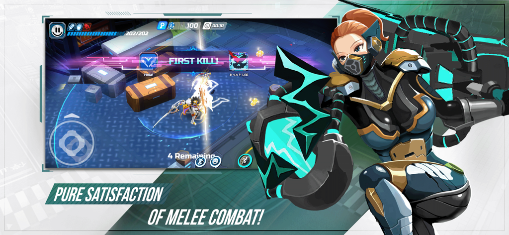 OVERDOX gameplay showing melee combat and a first kill announcement in a futuristic battle royale arena