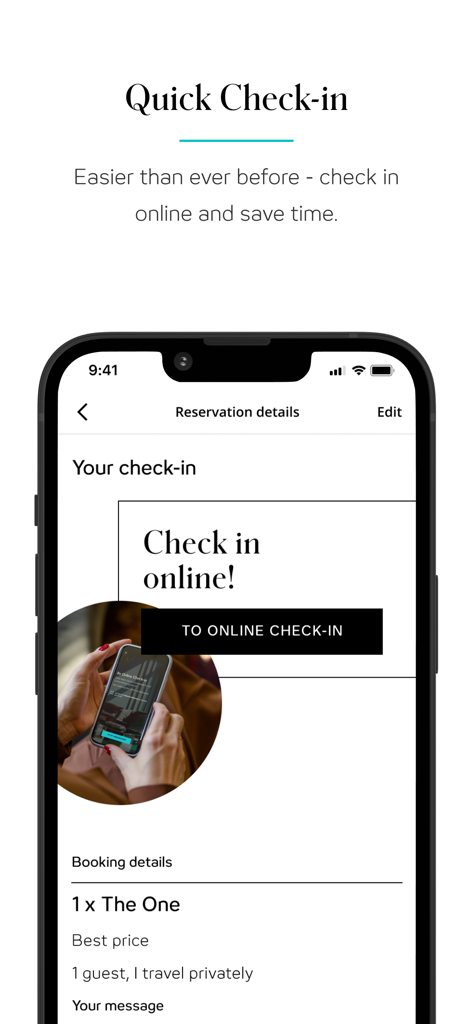 Oberfläche der Motel One App, die die Online-Check-in-Funktion für eine Hotelreservierung zeigt