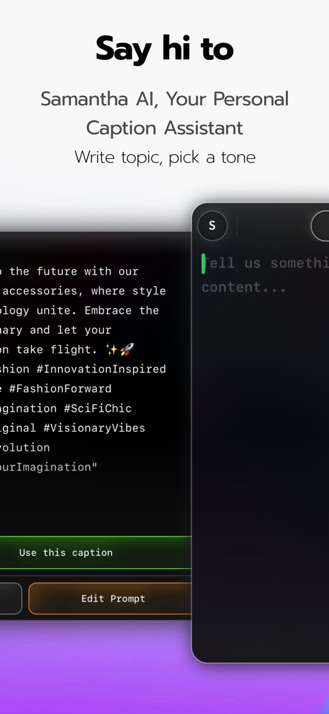 Interface de l'assistant de légendes IA Samantha pour les publications sur les réseaux sociaux
