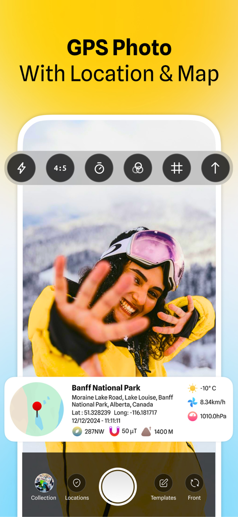 MapCam interface displaying a photo with GPS coordinates map and weather data