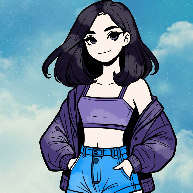 a realistic girl with a crop top and short shorts in an open jacket