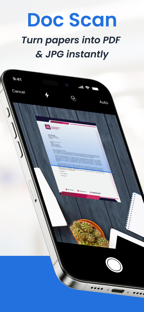 Mobile Scanner App - Schermata del telefono cellulare che utilizza l'app scanner per acquisire un documento cartaceo per la conversione istantanea in PDF.