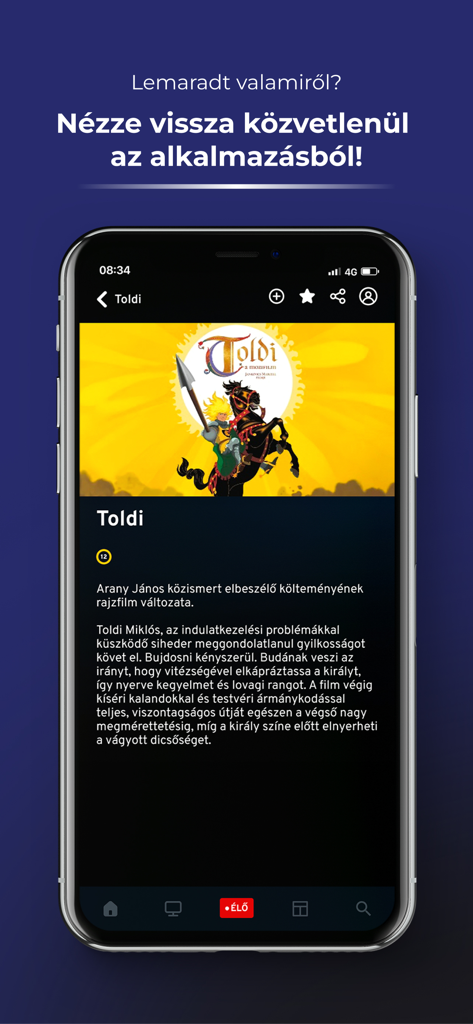 MédiaKlikk app interface showing the catch-up TV feature with details for the Hungarian animated movie Toldi.