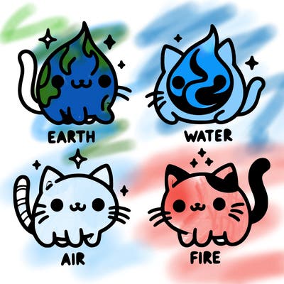 4 cats that represent the different elements, earth, water, air, and fire
