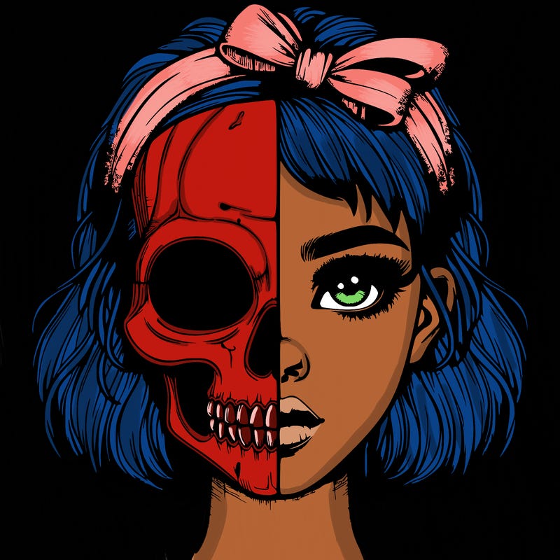 realistic girl with half skull mask