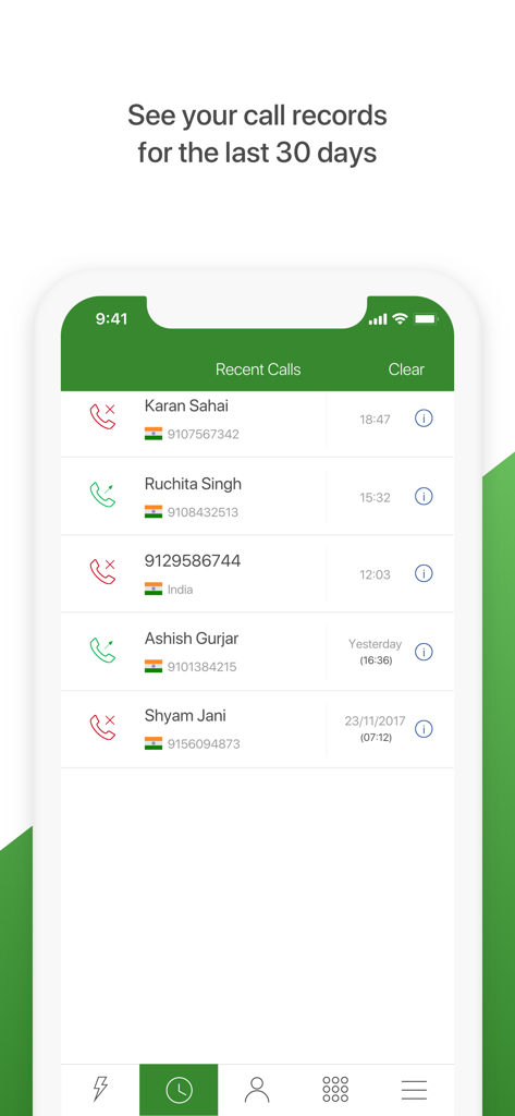 Interface of CallIndia app showing a list of recent international calls to contacts in India with call logs and timestamps