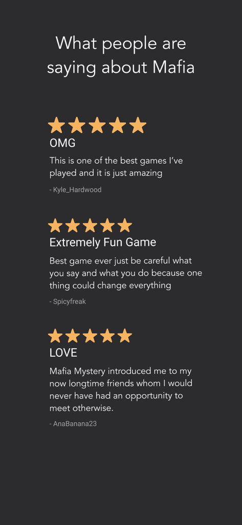 Mafia Mystery - A collection of positive five star user reviews for the Mafia Mystery app highlighting gameplay and social features