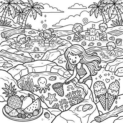 Capture the essence of a perfect summer day with this enchanting coloring page, showcasing children delighting in the wonders of tidal pool beaches. From exploring marine life to building sandcastles, it's an invitation to endless creative fun.