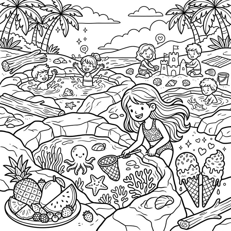 Capture the essence of a perfect summer day with this enchanting coloring page, showcasing children delighting in the wonders of tidal pool beaches. From exploring marine life to building sandcastles, it's an invitation to endless creative fun.