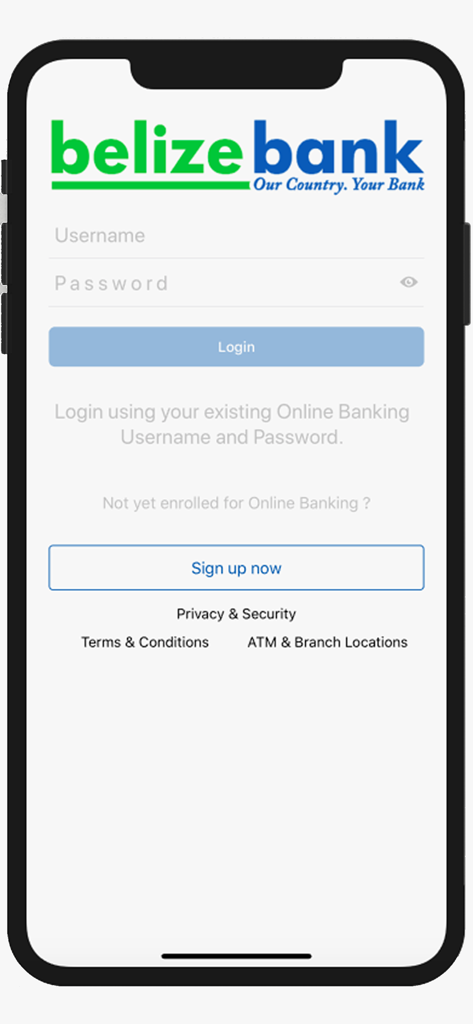 Belize Bank Mobile Banking - Belize Bank mobile banking login screen with username and password fields