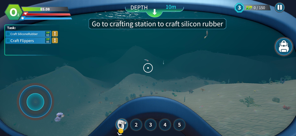 Deep Sea Creatures: Ocean Game - Vista in prima persona di un gioco di sopravvivenza subacquea che mostra attività di crafting e un indicatore di profondità