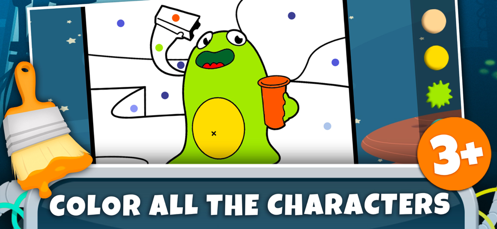 Space: Learning Kids Games 2+ - Digital coloring page with a green alien character and paintbrush tool for kids