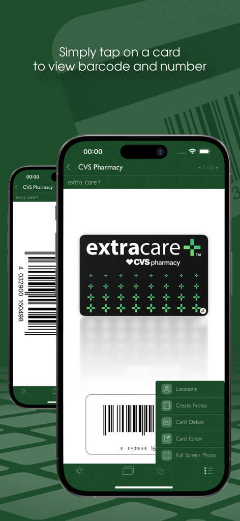 iPhone zeigt eine digitale CVS-Treuekarte mit Barcode und Bearbeitungsoptionen