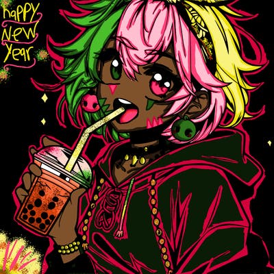 hot baddie anime girl drinking boba and biting the straw