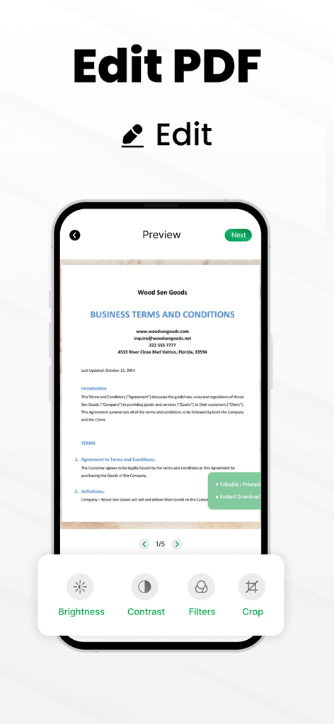 PDFスキャナーアプリのインターフェース。明るさ、コントラスト、フィルター、クロップなどのドキュメント編集オプションが表示されている。