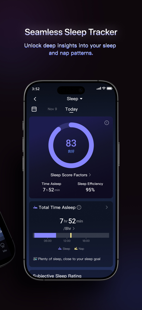 Painel do aplicativo RingConn exibindo métricas de rastreamento de sono, incluindo pontuação de sono, tempo de sono e eficiência do sono
