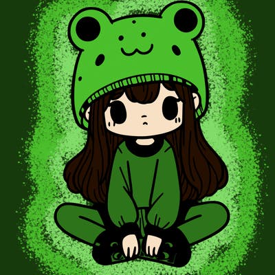 a girl wearing a frog hat and some frog socks