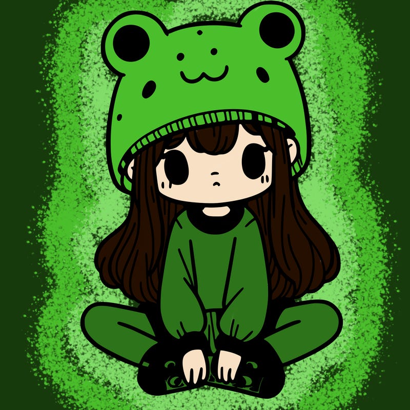 a girl wearing a frog hat and some frog socks