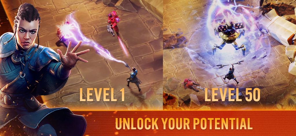 Blood Line: A Rebel Moon Game - Side by side gameplay comparison of level 1 and level 50 combat in Blood Line A Rebel Moon Game