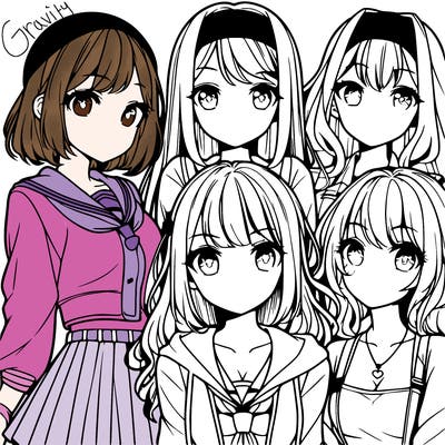 a group of four teenage anime girls