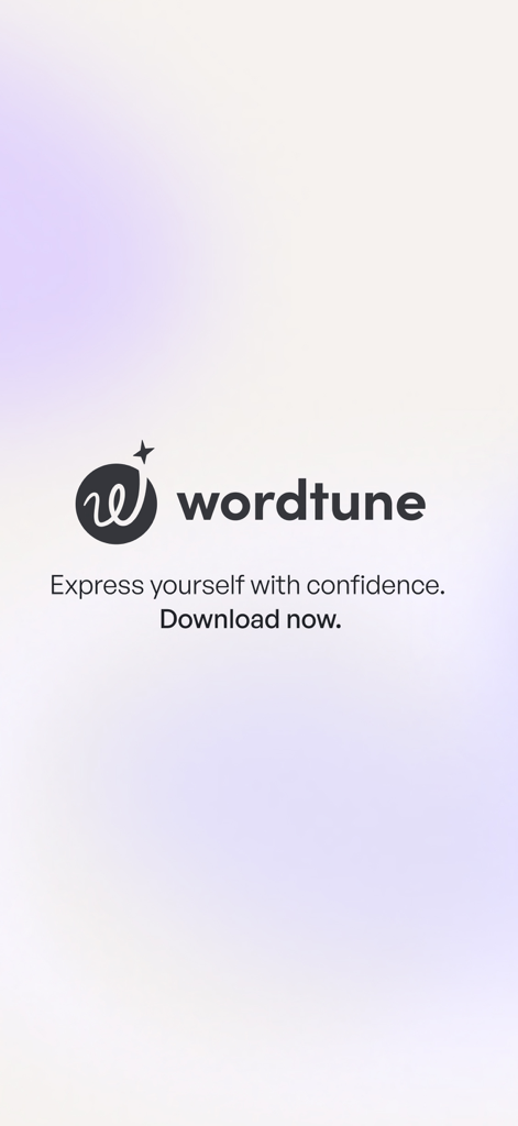 Wordtune: AI Writing Keyboard - Pantalla de bienvenida de la aplicación Wordtune con el logo y el eslogan Exprésate con confianza