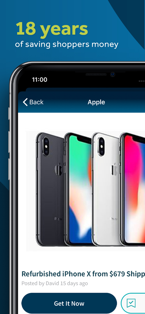 Brad’s Deals | Curated Deals - Brads Deals mobile app interface showing a refurbished iPhone deal and saving shoppers money slogan