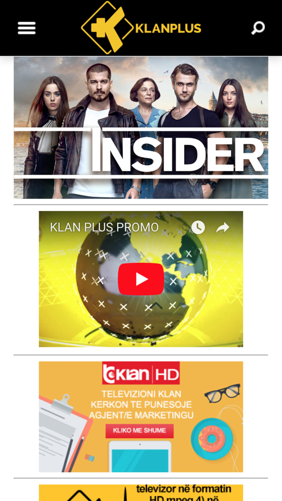 Klan Plus app home screen showing various television show banners and news promos