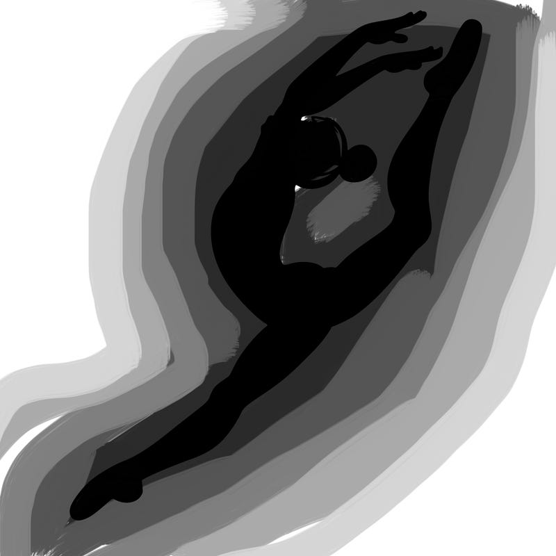 gymnast doing a leap in a leotard with a bent back leg