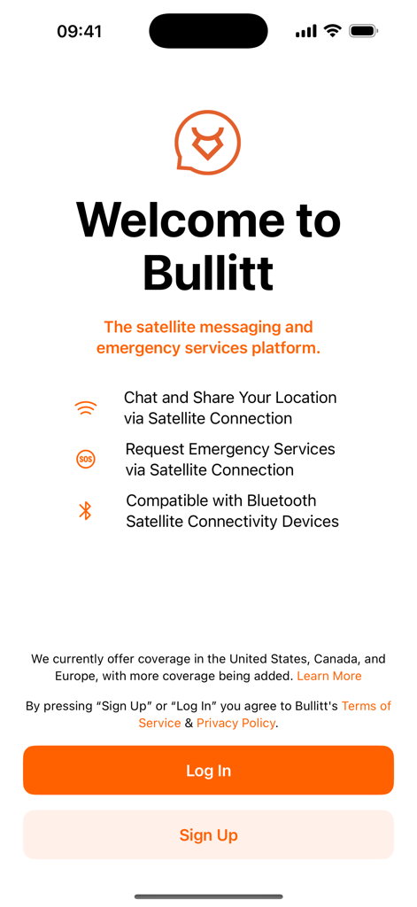 Bullitt Satellite Messenger - Welcome screen of the Bullitt Satellite Messenger app highlighting satellite messaging and emergency services.