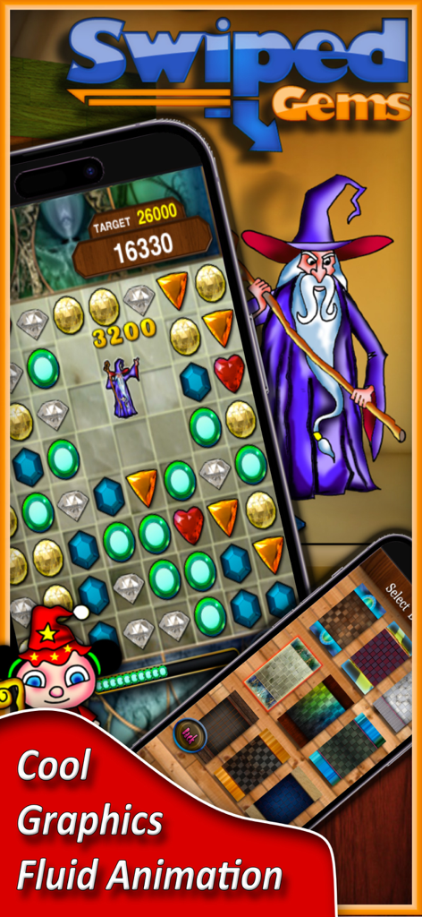 Swiped - Swiped Gems mobile puzzle game screenshot showing colorful gem chains and a wizard character