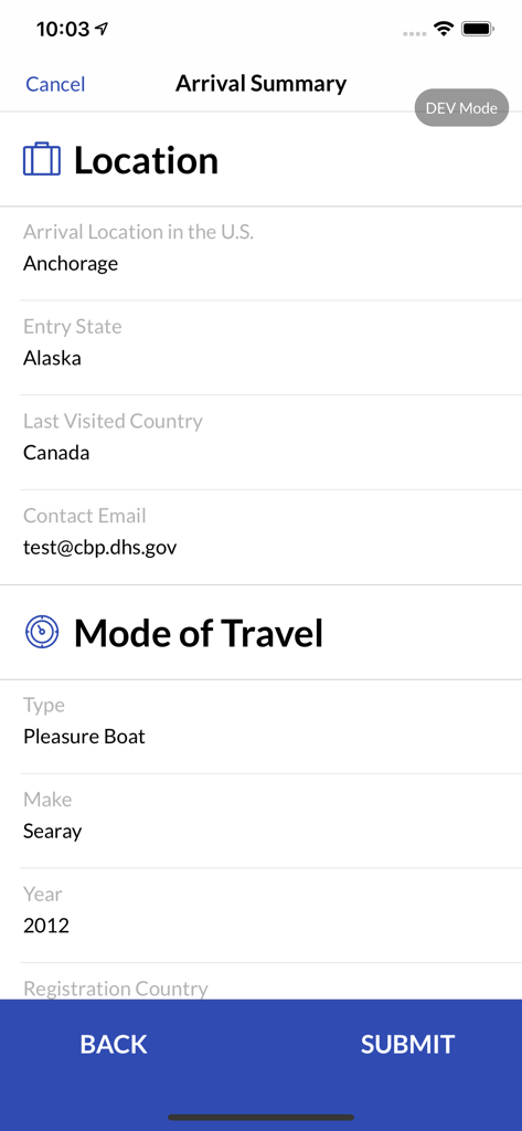 CBP ROAM app screen displaying an arrival summary for a pleasure boat traveling from Canada to Alaska