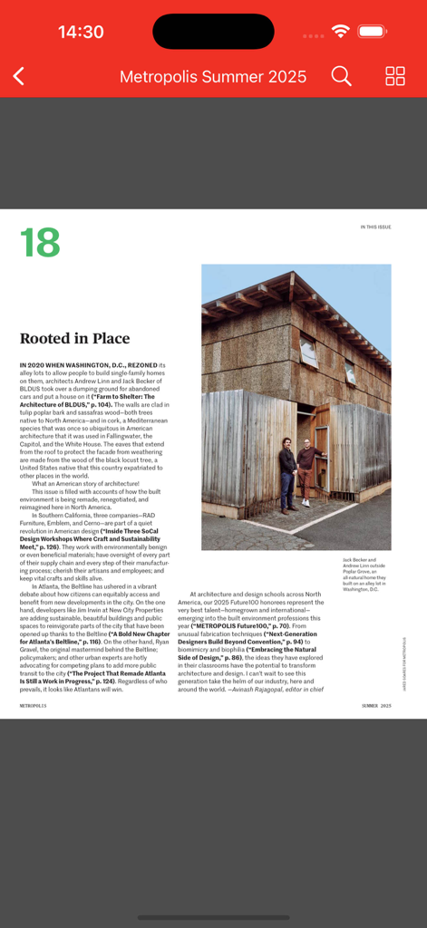 Metropolis Mag - A digital magazine article titled Rooted in Place in the Metropolis Mag app featuring modern architecture and professional design journalism.