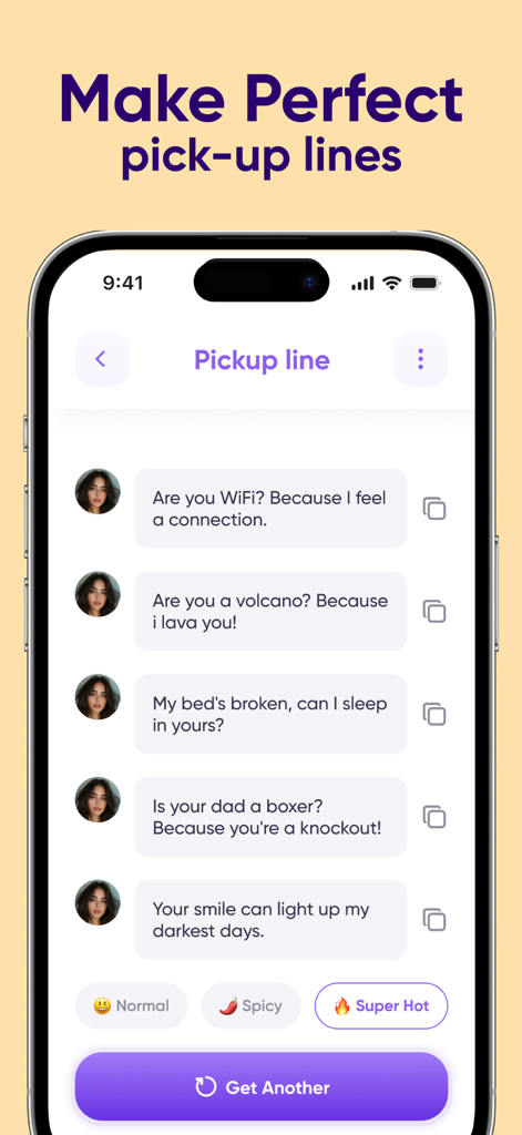 AI Dating Assistant: Badoo - Interface of the AI Dating Assistant app showing a list of AI-generated pickup lines with intensity categories like Spicy and Super Hot