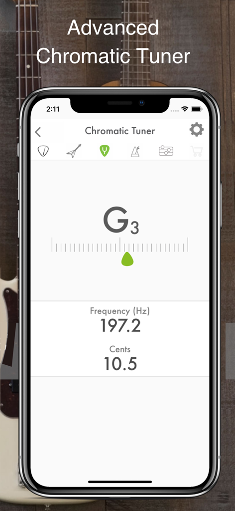 Guitar Tuner: Bass and Ukulele - Tela do iPhone mostrando a interface do afinador cromático avançado com exibição de frequência e cents