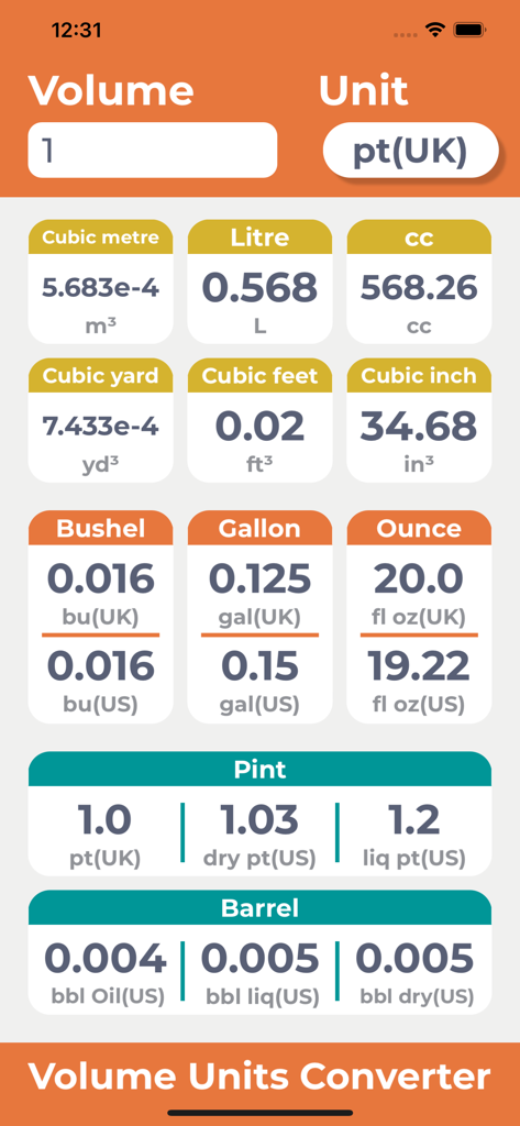 Interfaz de la aplicación Convertidor de Unidades de Volumen que muestra la conversión de una pinta del Reino Unido a dieciocho unidades de volumen diferentes, incluyendo litros, yardas cúbicas y galones de EE. UU.