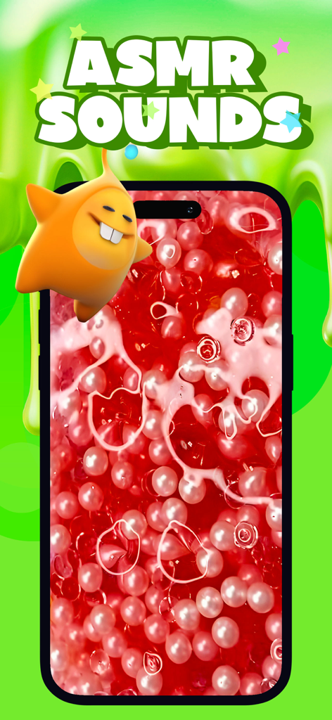 A smartphone displaying red slime with white beads under the text ASMR Sounds next to an orange star character.