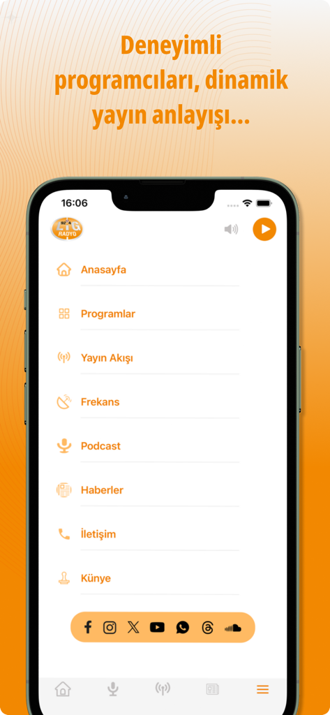 Lig Radyo - iPhone上のLig Radyoアプリメニュー。トルコ語でのスポーツラジオナビゲーションオプションを表示しています。