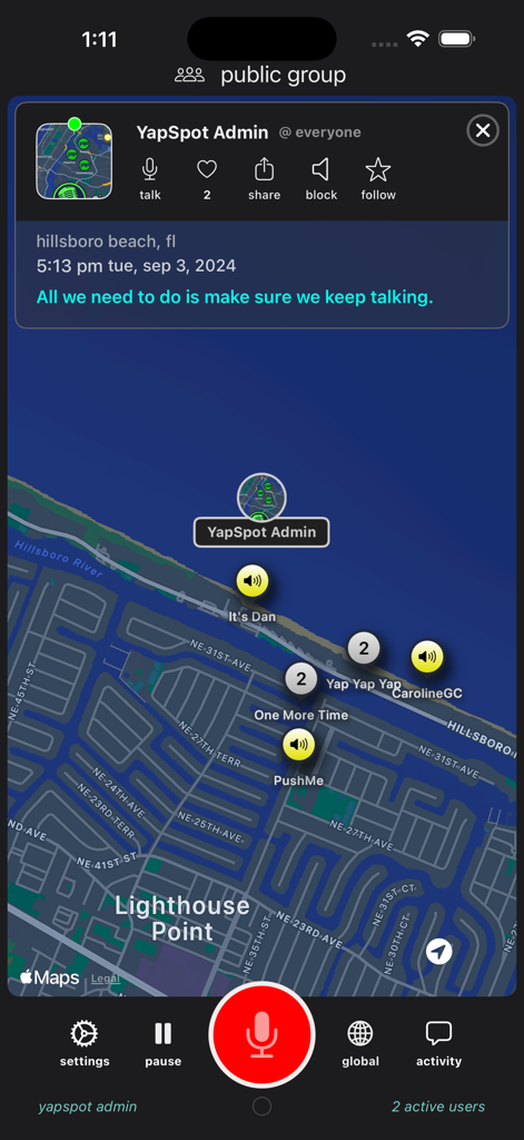 YapSpot app interface displaying real-time audio broadcasts and speech-to-text transcription over a local map of Hillsboro Beach Florida