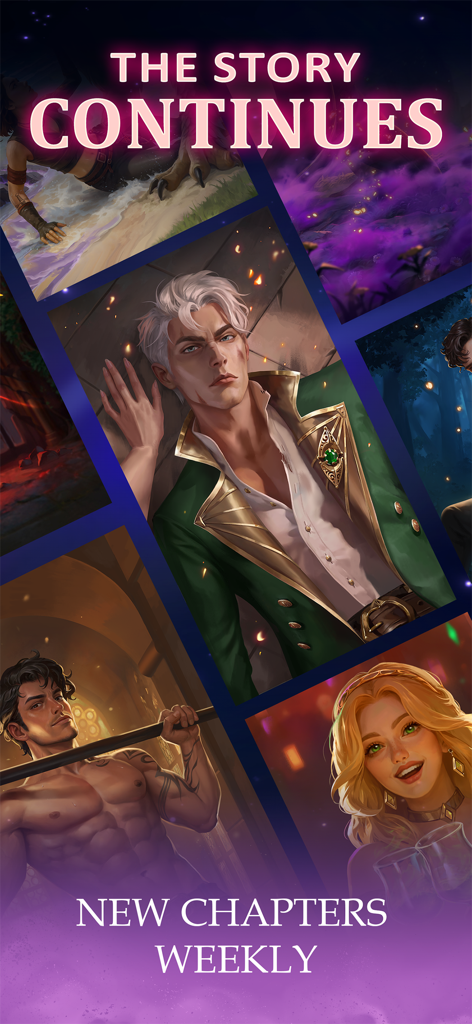 A collage of main characters from Love and Magic Spellfyre with text announcing new chapters weekly